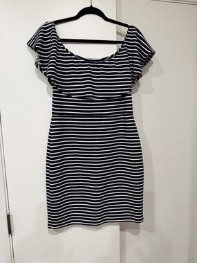 THML Navy and White Striped Off-Shoulder Mini Dress